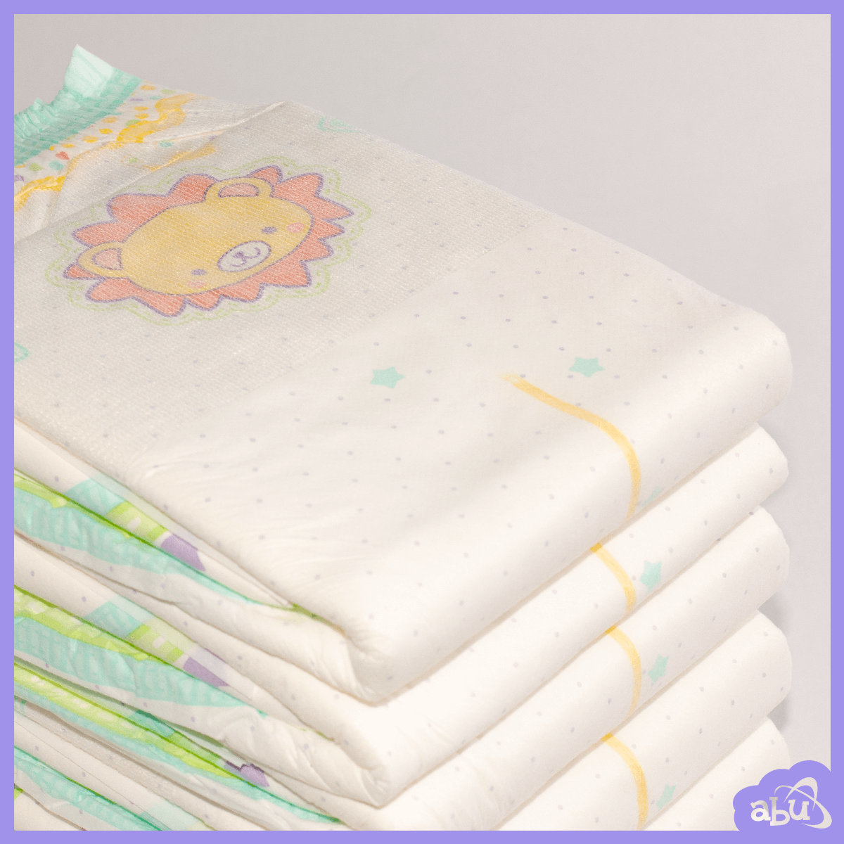 Product photo of the Little Kings adult diaper. A diaper featuring a diapered cartoon lion along with pastel stars and a yellow-fade-to-blue wetness indicator.