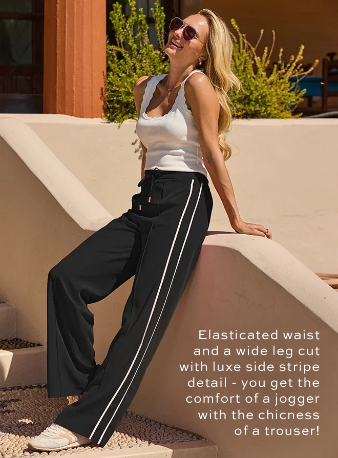 Black & White Side Stripe Drawstring Wide Leg Trousers