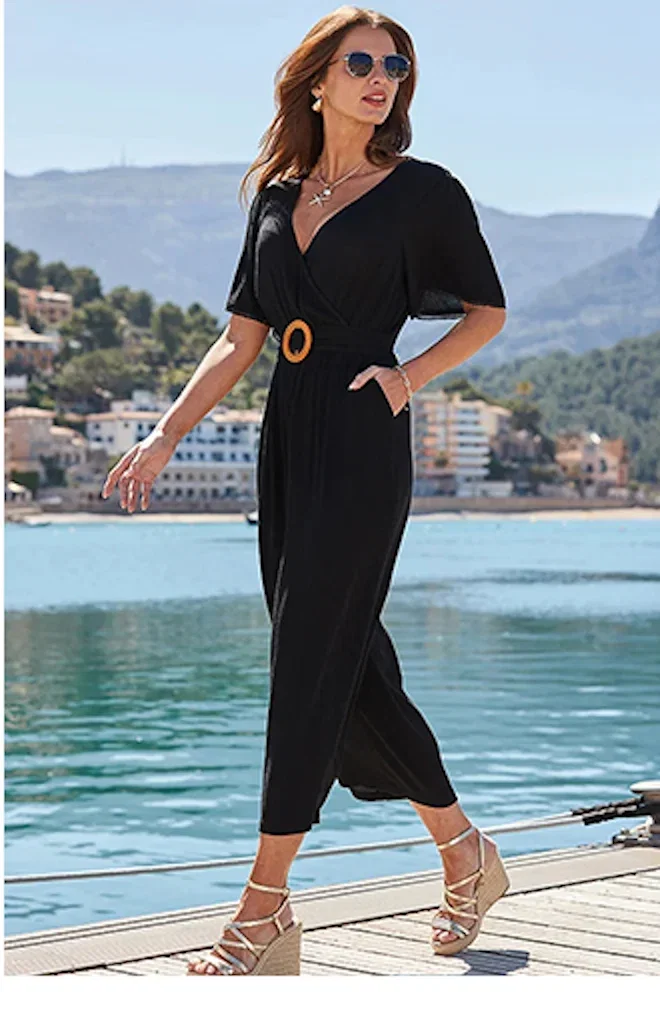 Black Pom Pom Trim Angel Sleeve Jumpsuit