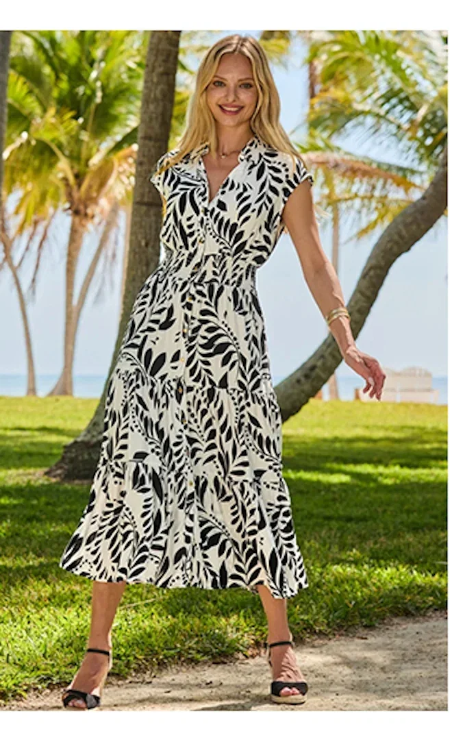 Black & White Floral Print Shirred Waist Shirt Dress