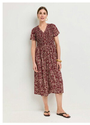 Shirred Bodice V Neck Print Dress