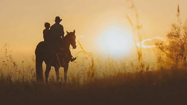 Two people on a horse. Shop men's boots. 