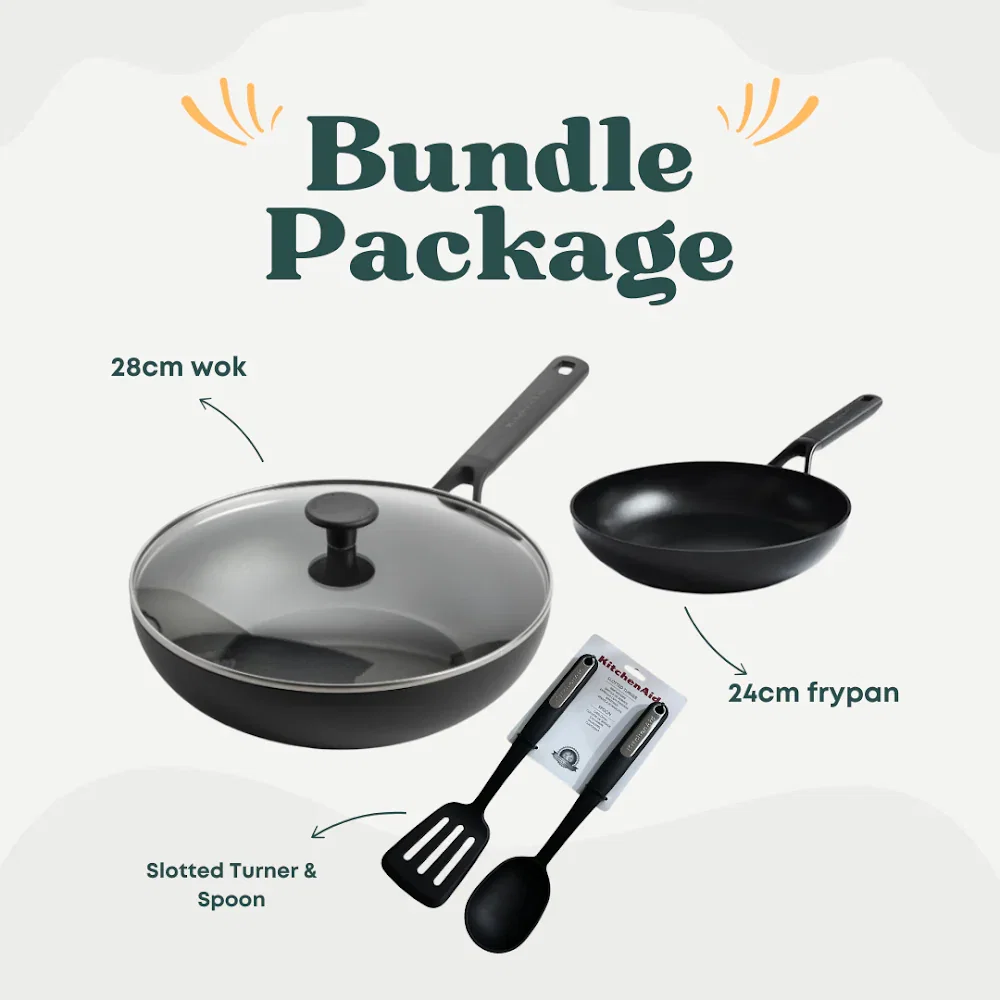 KitchenAid Classic Black 28cm Wok with Cover + 24cm Frypan + KitchenAid 2pcs Turner and Spoon - Black