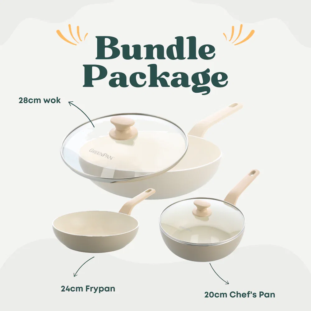 Greenpan Essence Taupe 28cm Wok with Lid + Greenpan Essence Taupe 20cm Chef's Pan with Lid + Greenpan Essence 24cm Deep Frying Pan