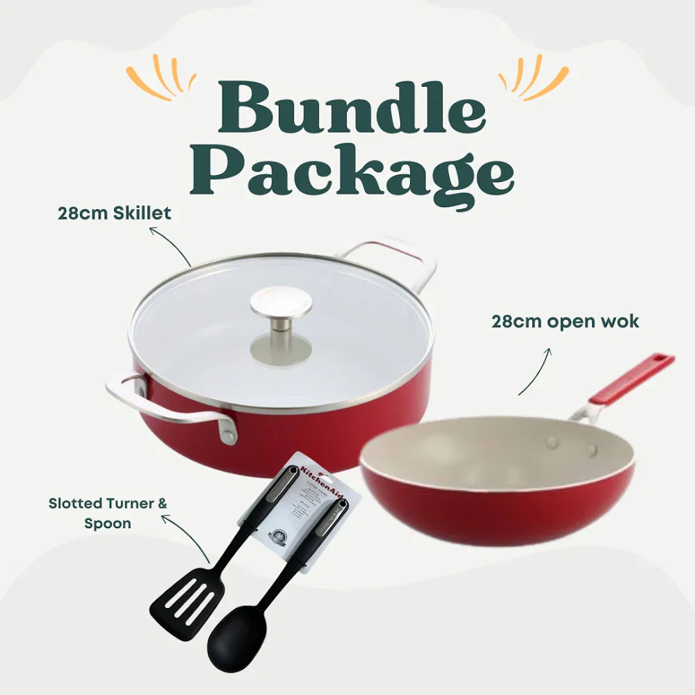 KitchenAid Aluminium 9G Empire Red - 28cm Open Wok + 28cm Skillet with Cover + KitchenAid 2pcs Turner and Spoon - Black
