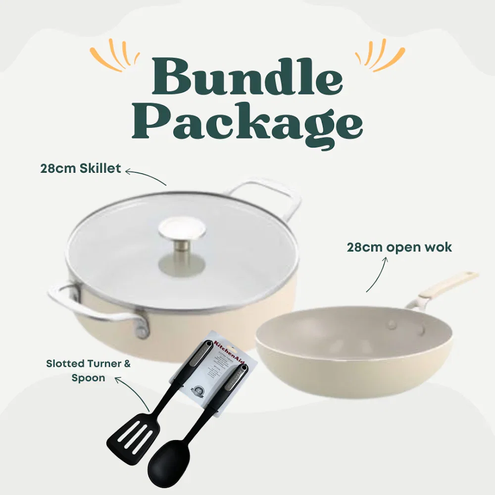 KitchenAid Aluminium 9G Almond Cream - 28cm Frypan + 28cm Skillet with Cover + KitchenAid 2pcs Turner and Spoon - Black