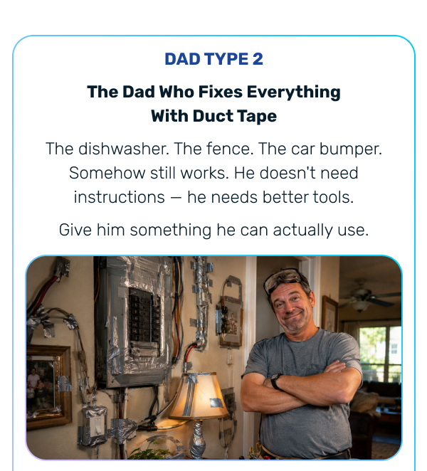  DAD TYPE 2 The Dad Who Fixes Everything With Duct Tape The dishwasher. The fence. The car bumper. Somehow still works. He doesn't need instructions — he needs better tools. Give him something he can actually use.