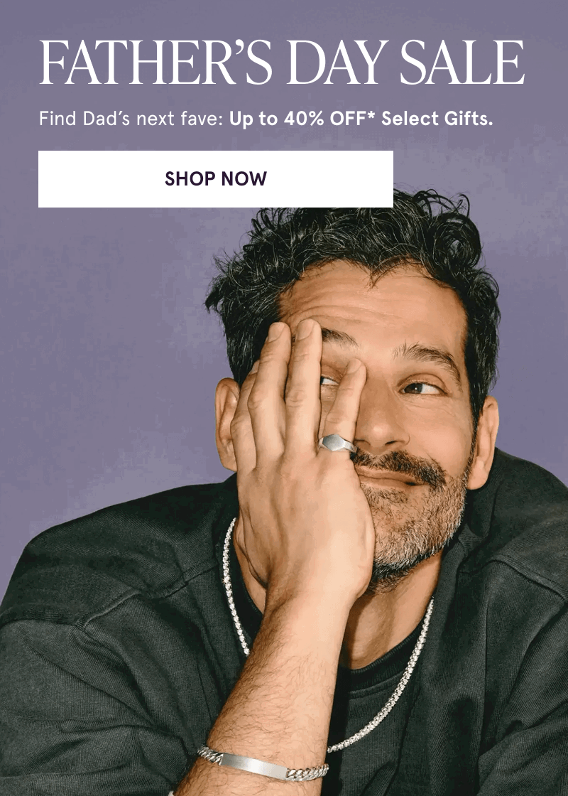 Male with silver ring, ID bracelet & tennis chain. Father’s Day Sale.  Up to 40% OFF* Select Gifts. Click here to shop now