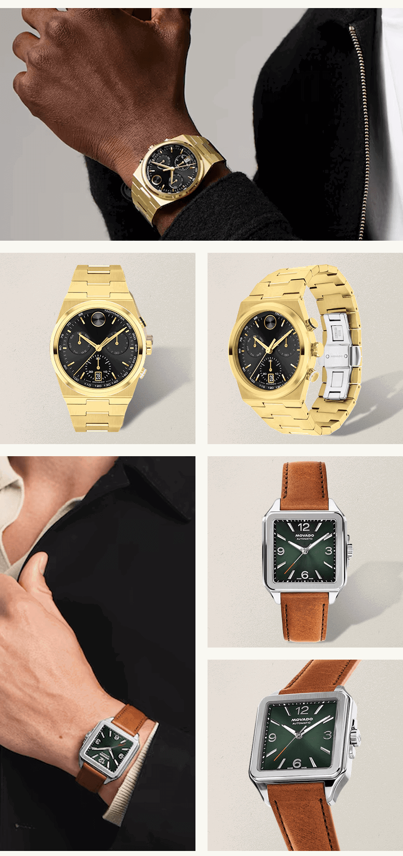 Collage with Movado watches: gold with black dial & square silver with green dial & brown leather strap.