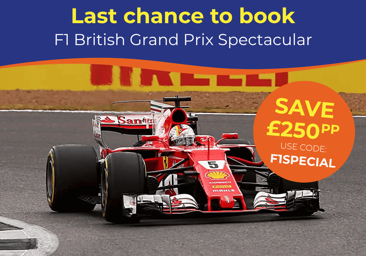 A Formula 1 car racing on a track, with promotional text for the British Grand Prix event.