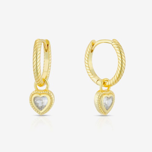 Sterling Silver Yellow Gold Plated Twist Hoop With Heart Cubic Zirconia Charm