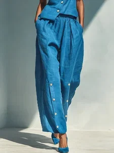 Image of Casual Plain Straight Cotton And Linen Pants