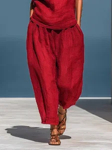 Image of Linen Casual Plain Distressing Baggy Pants