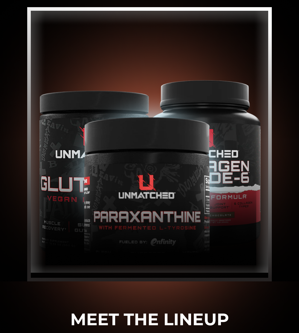 Three supplement containers with labels: Glut, Paraxanthine, and Collagen Code-6.
