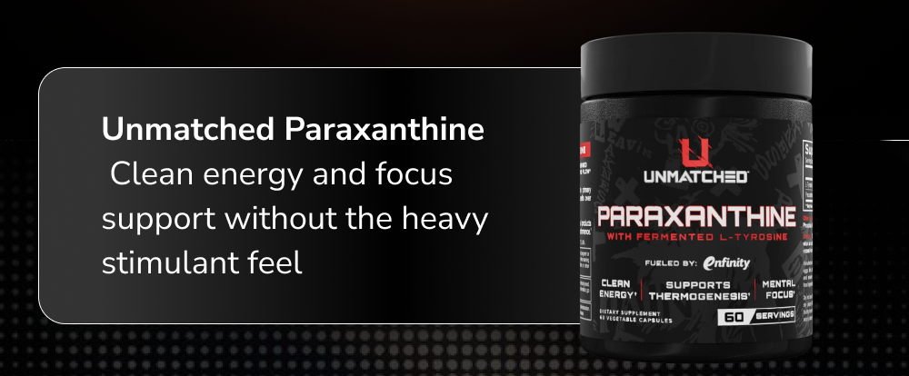 Unmatched Paraxanthine supplement jar with text about clean energy and focus support.