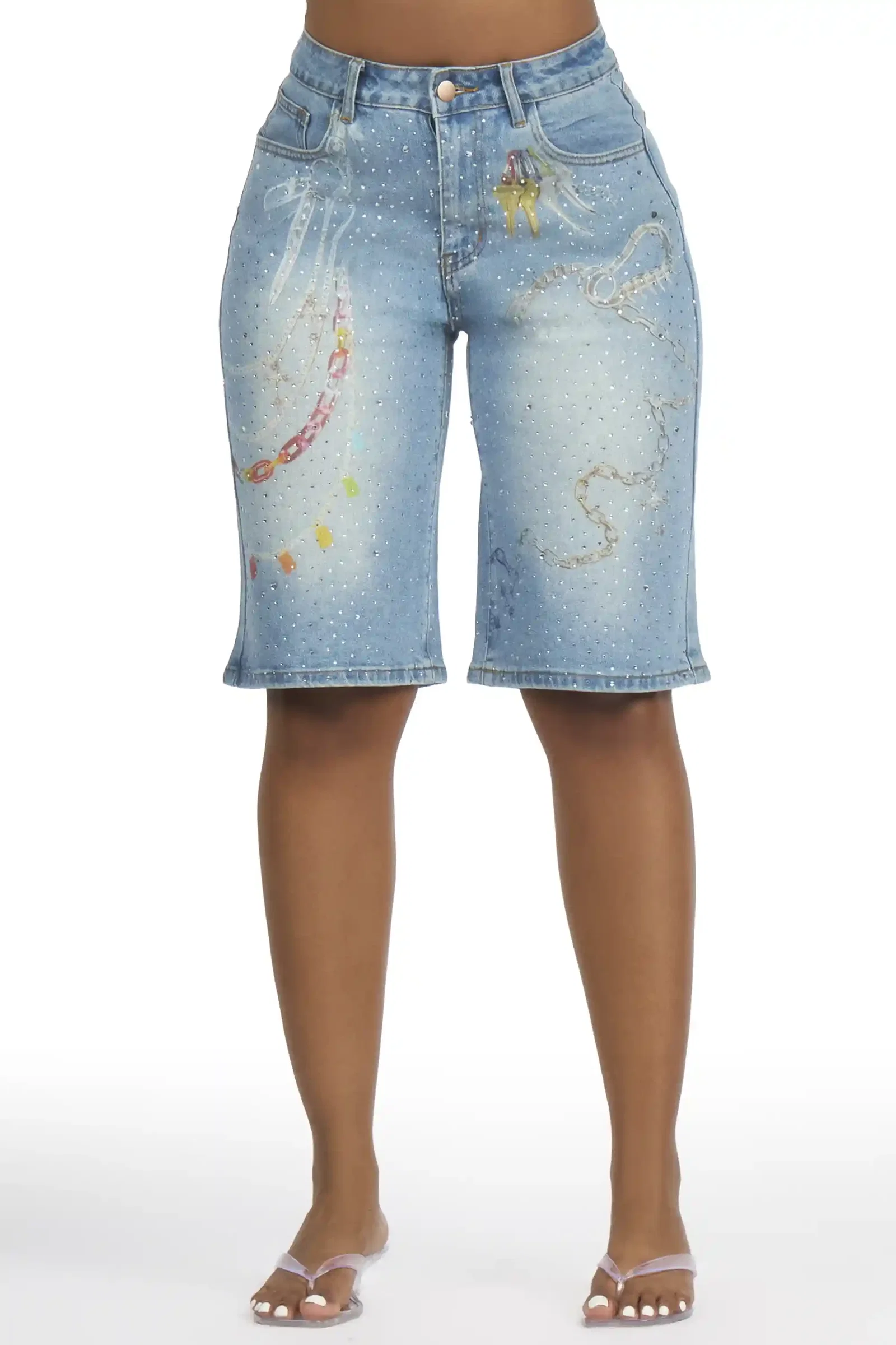 Image of Anneshia Med. Wash Rhinestone Denim Jort