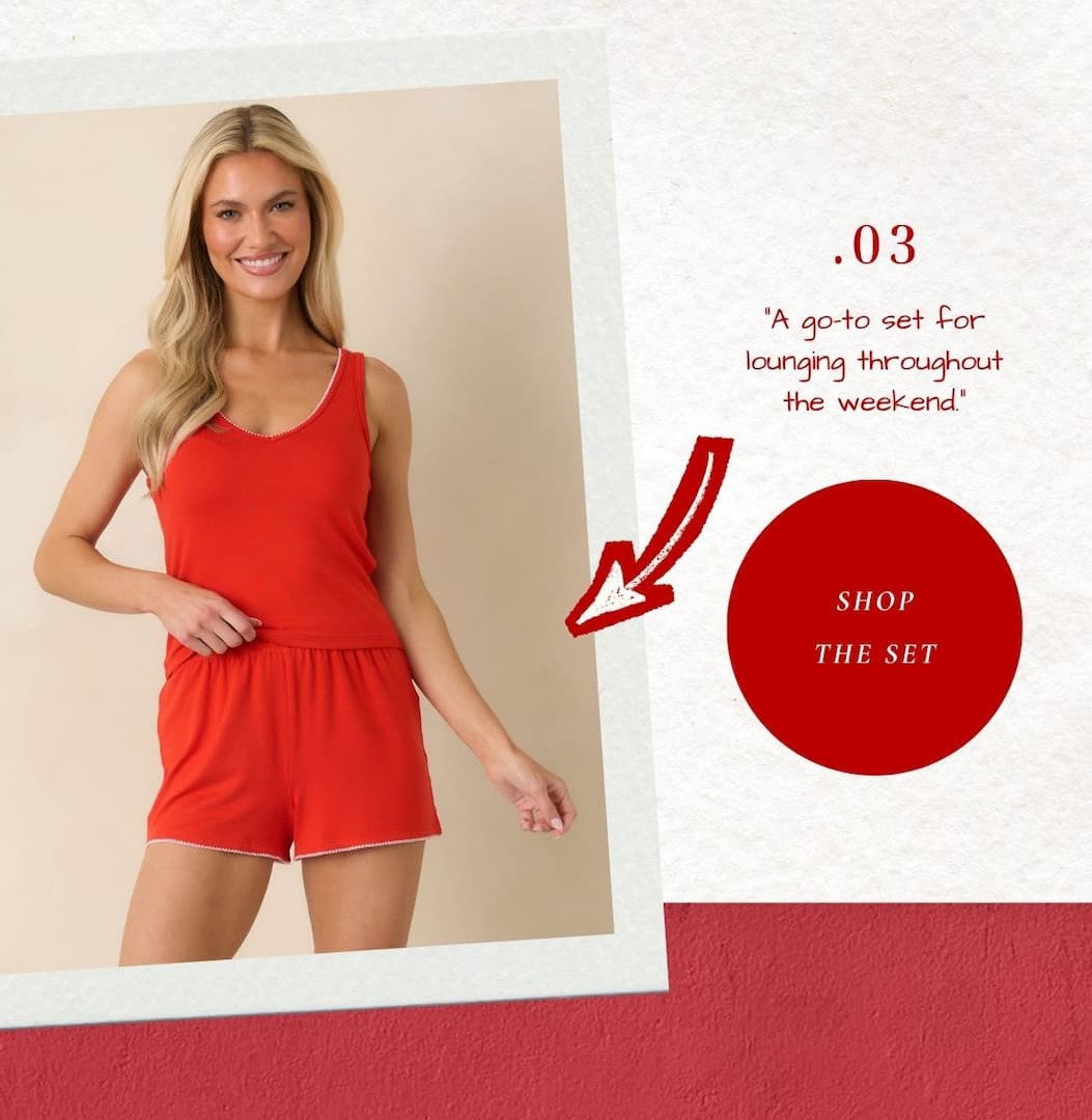 Image of model wearing a Z Supply red tank with matching shorts. Shop the Set.