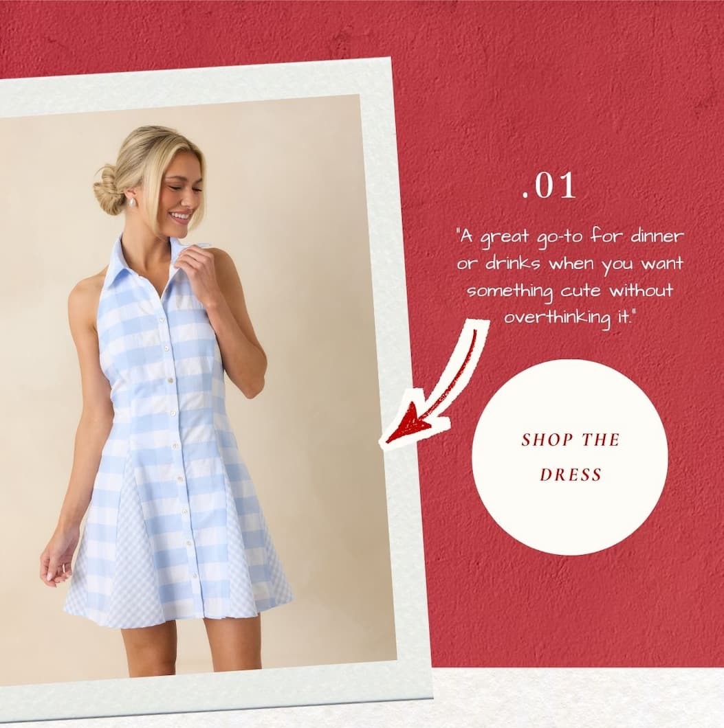 Model wearing a blue and white gingham mini dress. Shop the dress.
