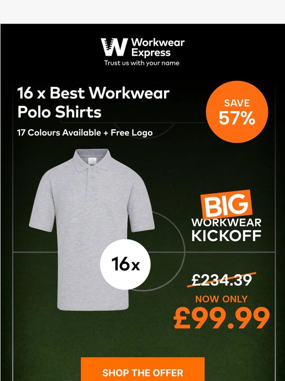 ⚽ Big Workwear Kickoff: 16 Polos + FREE Logo for £99.99
