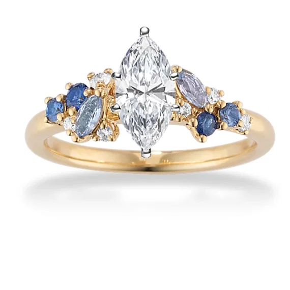 Image of Floral Cluster Blue Sapphire Engagement Ring