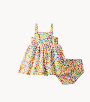 Baby Sleeveless Poplin Dress & Bloomers Set | Swirly Floral on Ecru