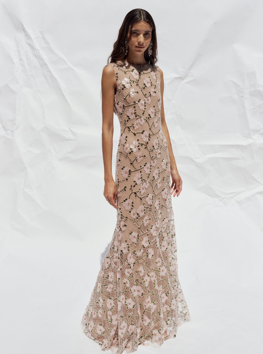 PINK RHINESTONE SEQUIN MESH MAXI DRESS