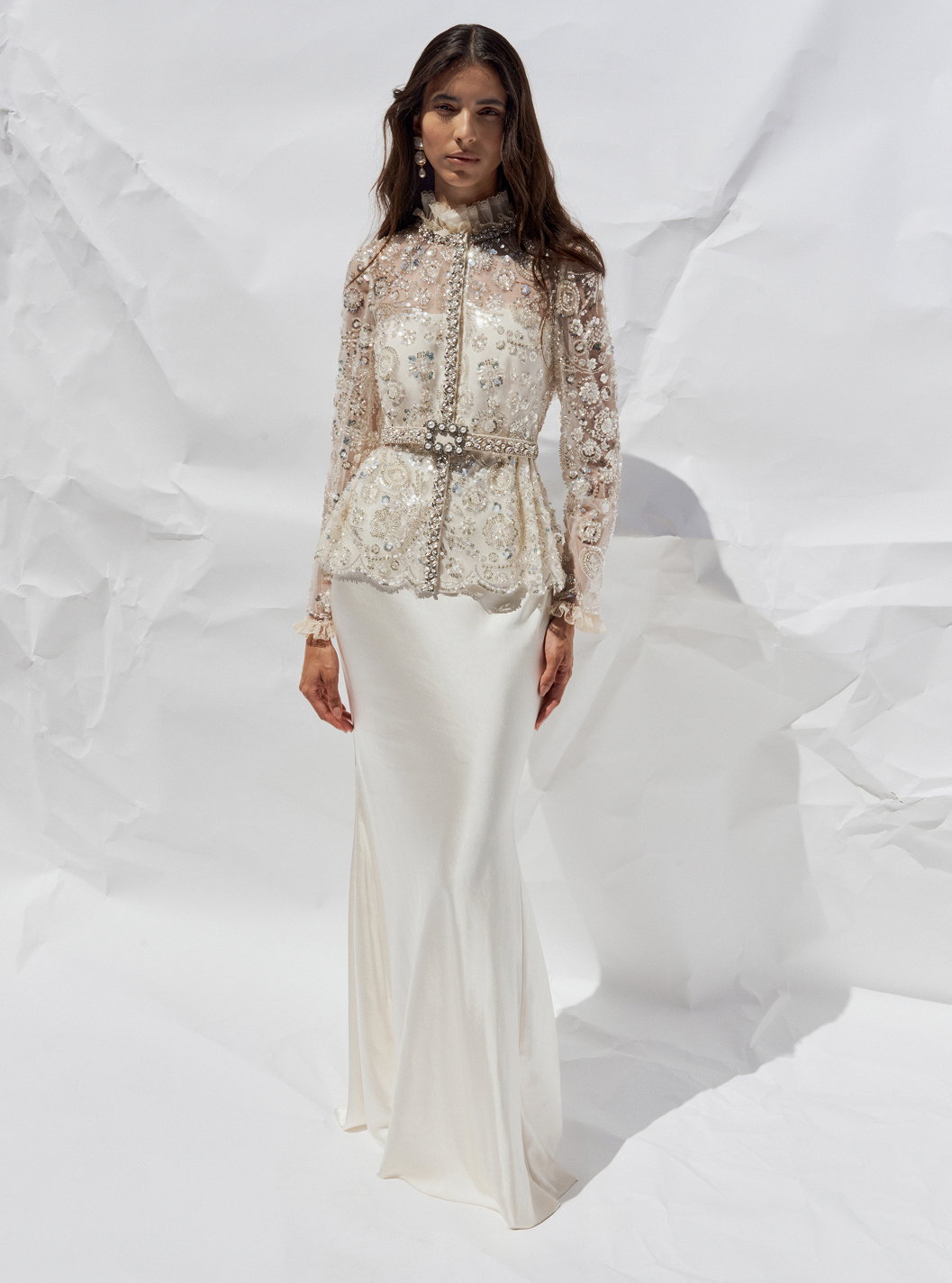 CREAM SEQUIN EMBELLISHED SATIN MAXI DRESS