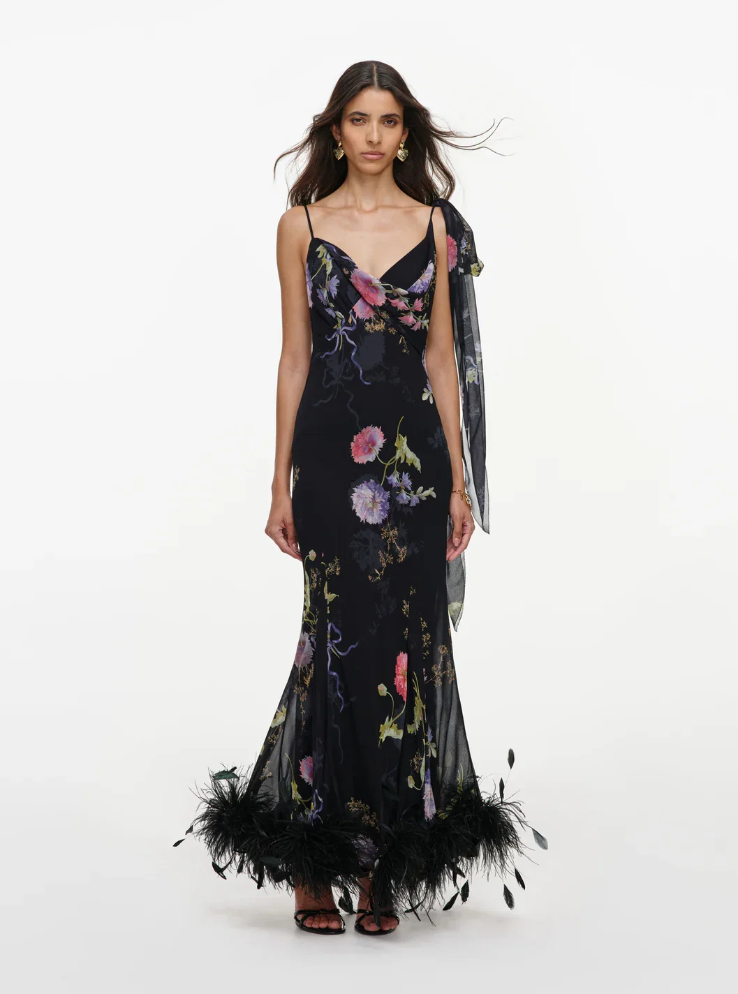 BLACK FLORAL GEORGETTE FEATHER MAXI DRESS