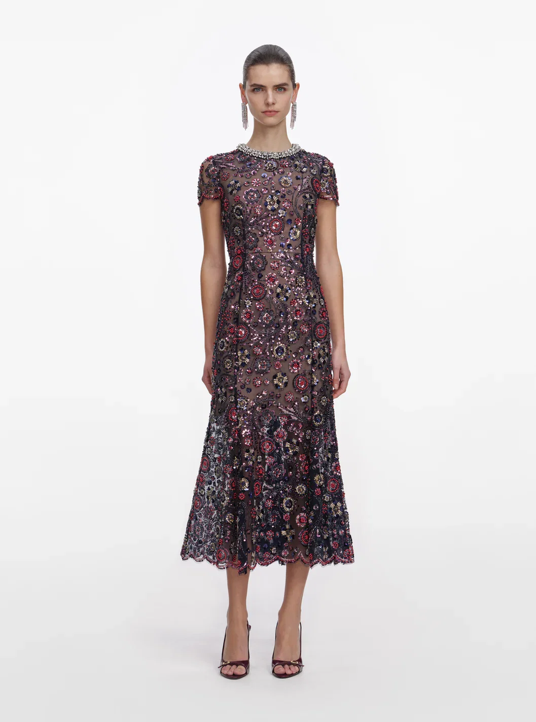NAVY FLORAL SEQUIN MIDI DRESS