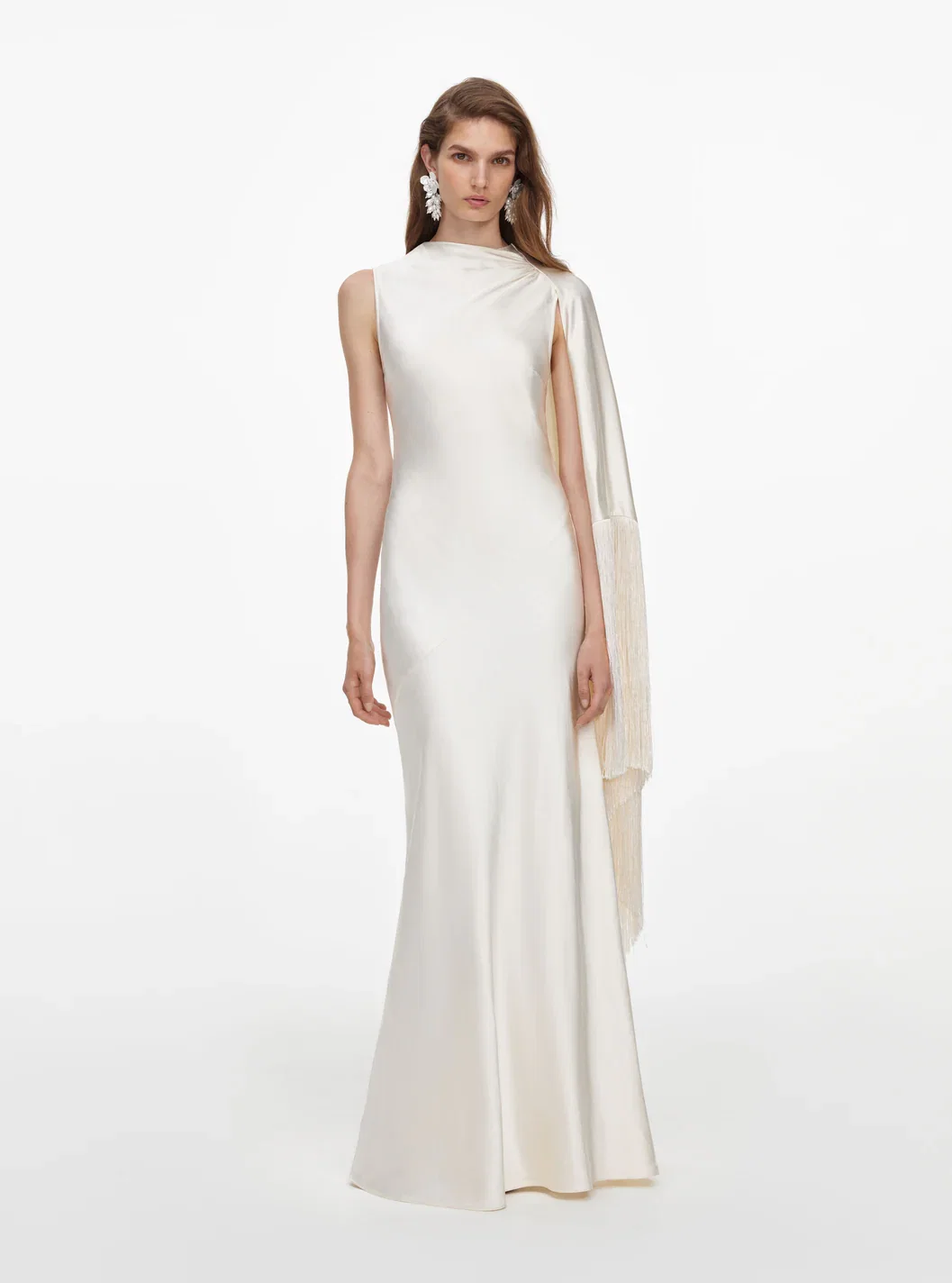 CREAM SATIN FRINGED MAXI DRESS