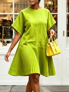 Image of Cotton And Linen Casual Plain Pleated Crew Neck Knee Length Dress