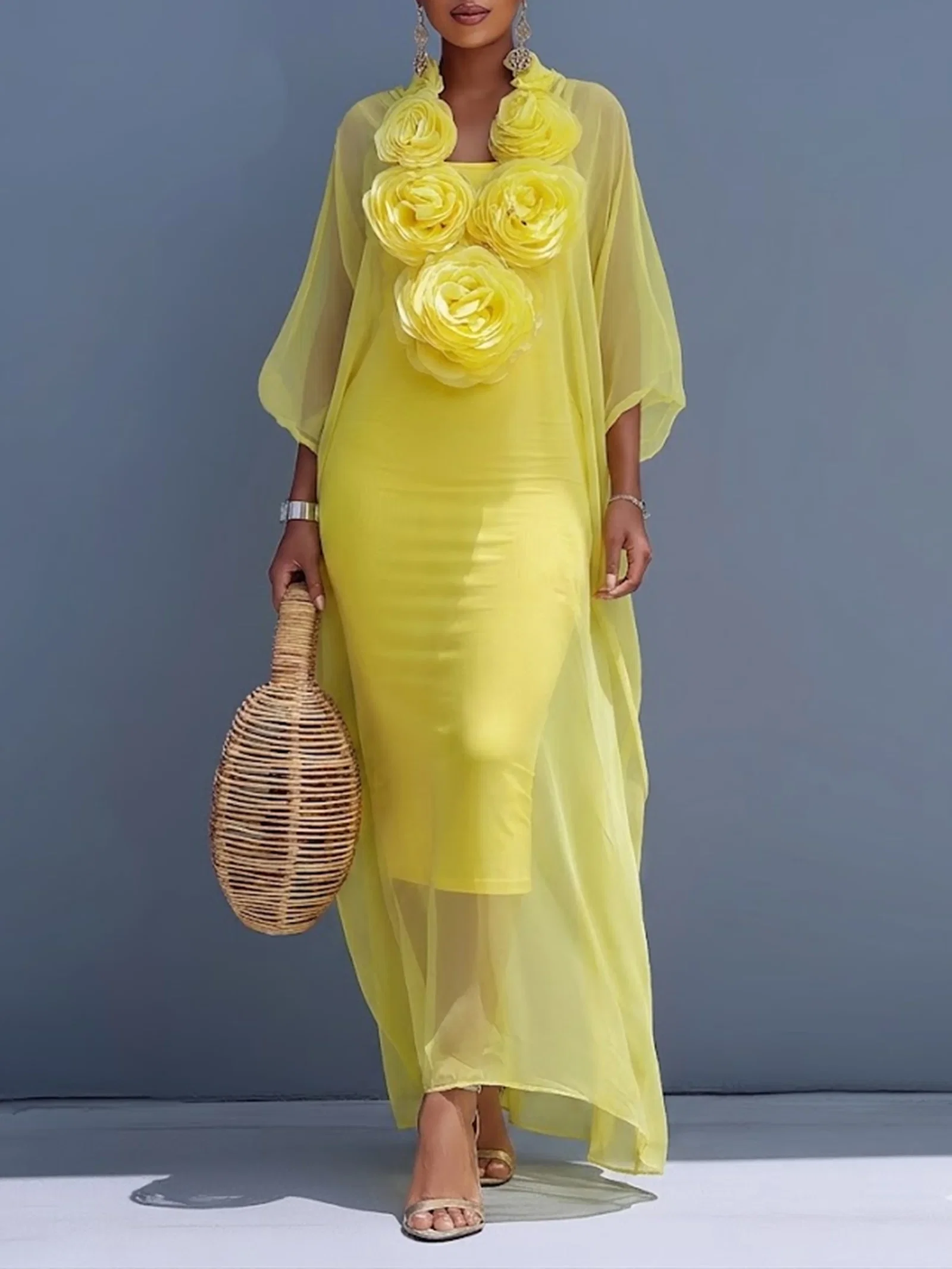 Image of Elegant Plain 3D Floral V Neck Maxi Dress
