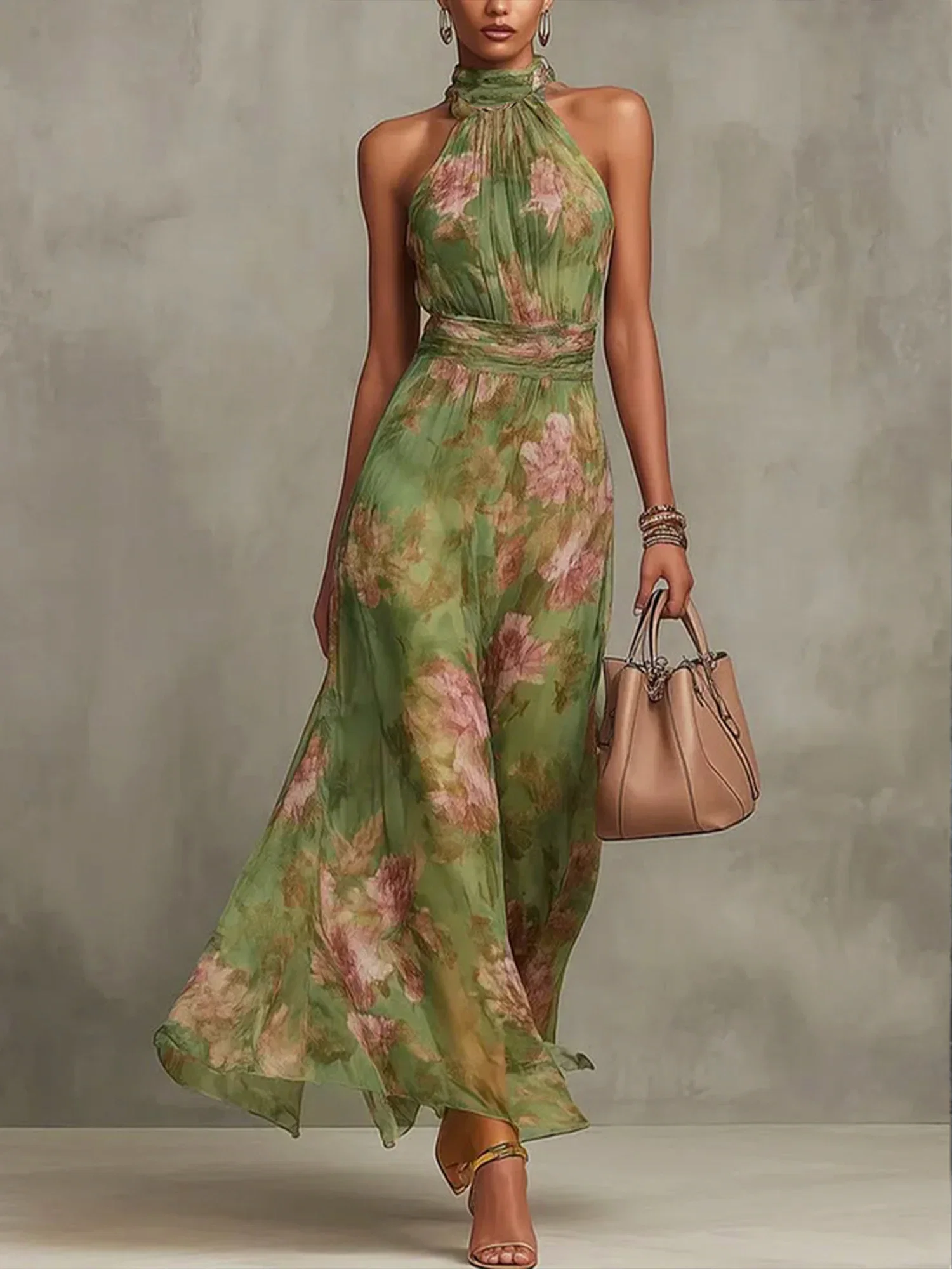 Image of Elegant Floral Printing Halter Maxi Dress