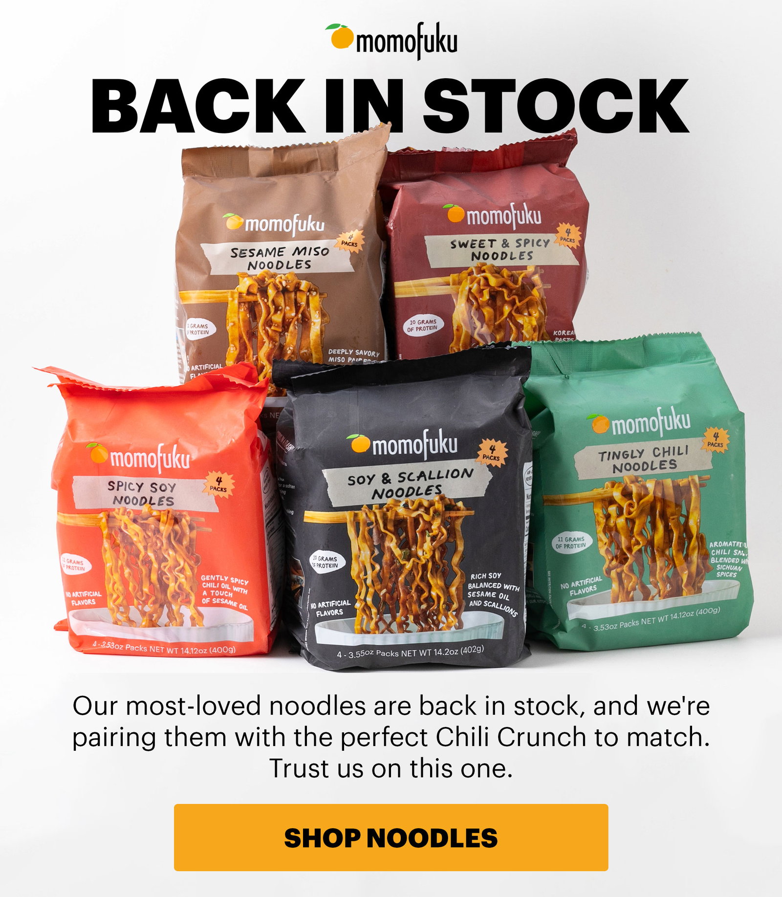 Header: Our most-loved noodles are back in stock, and we're pairing them with the perfect Chili Crunch to match. Sub-header:Trust us on this one. CTA: SHOP NOODLES