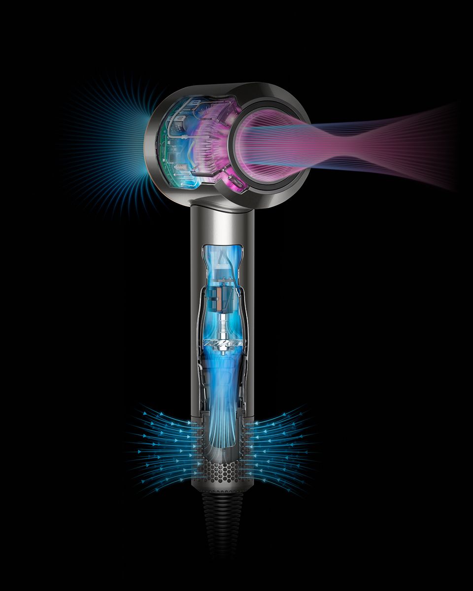 Cutaway showing the airflow through the Dyson Supersonic hair dryer.
