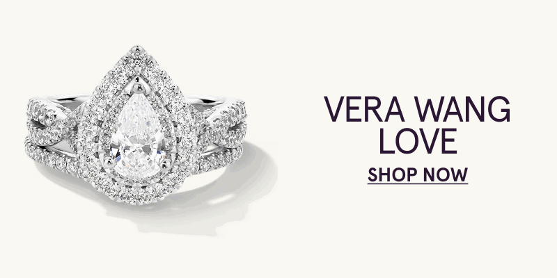 Teardrop-shaped diamond ring enclosed in double halo of smaller diamonds. Vera Wang LOVE. Click here to shop now