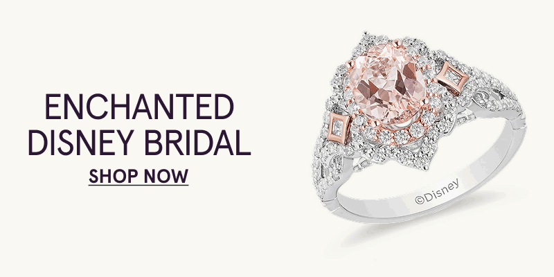 Ornate ring with oval-pink center stone with diamond halo. Enchanted Disney Bridal. Click here to shop now