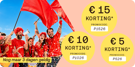 €5, €10 en €15 korting met codes P526, P1026 en P1526, knop “Bestel nu”. Nog maar 3 dagen geldig.