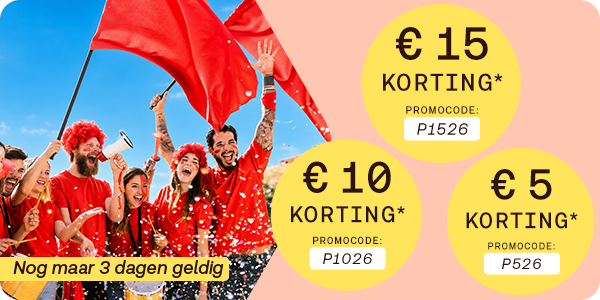 €5, €10 en €15 korting met codes P526, P1026 en P1526, knop “Bestel nu”. Nog maar 3 dagen geldig.