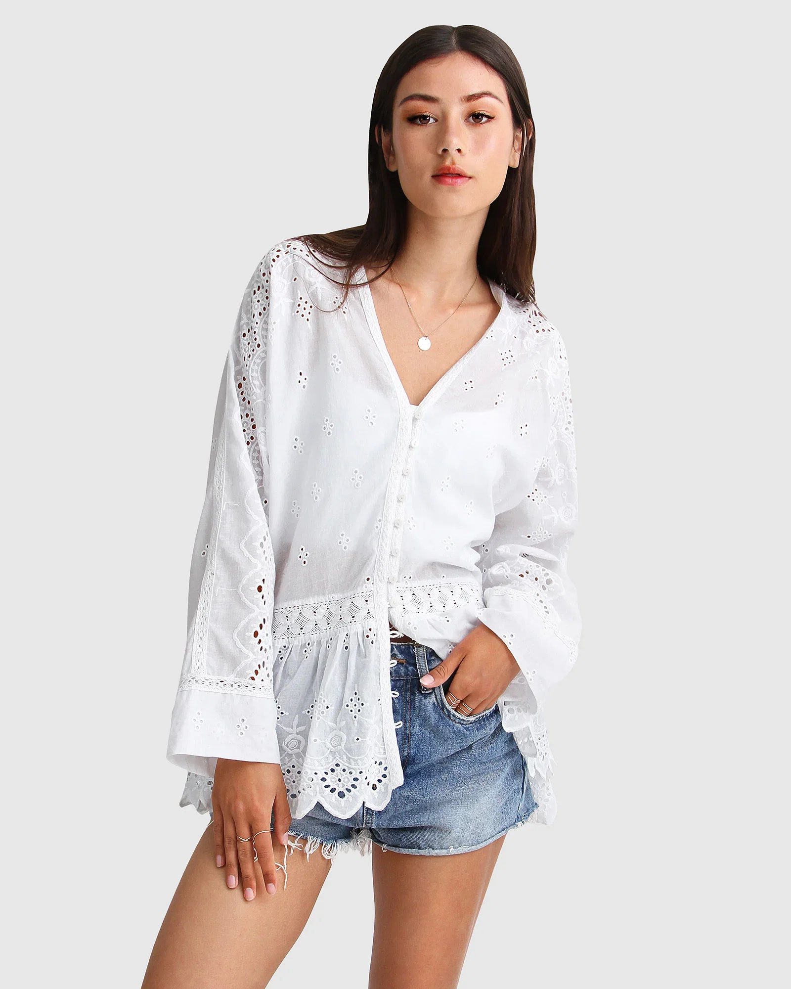 Image of Unbutton Me Eyelet Button Down Shirt - White
