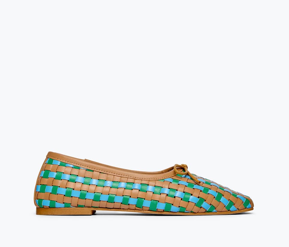 tan, blue and green woven ballet flat