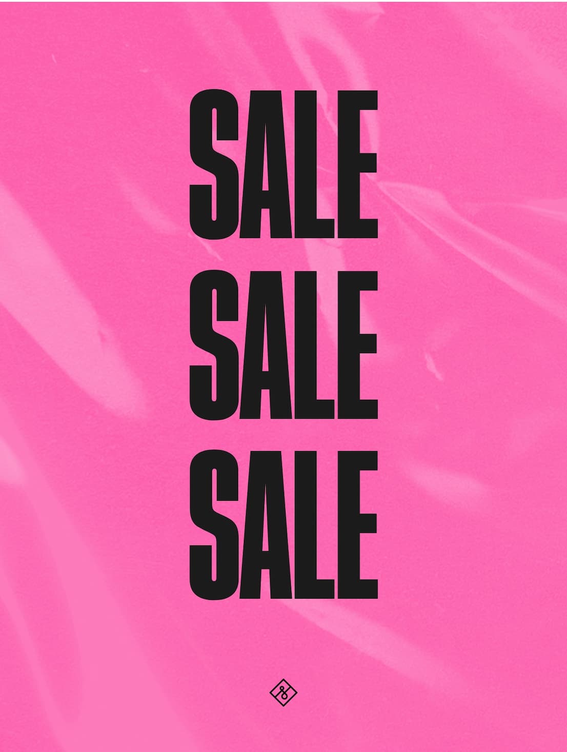 A large bright pink banner featuring the word "SALE" repeated vertically three times in large black capital letters. A black ampersand logo can be seen below.
