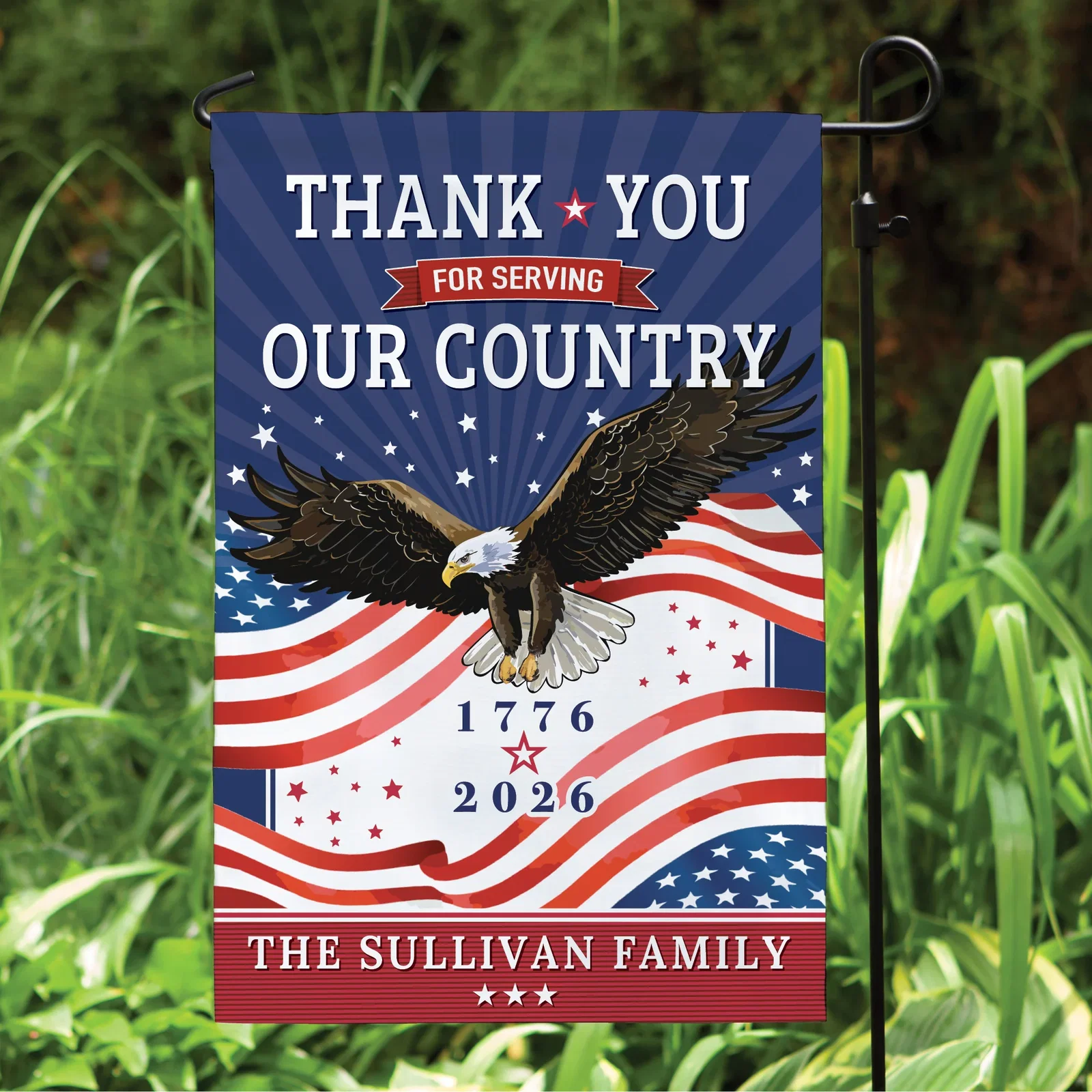 Image of Personalized Thank You for Serving Our Country Family Name Garden Flag