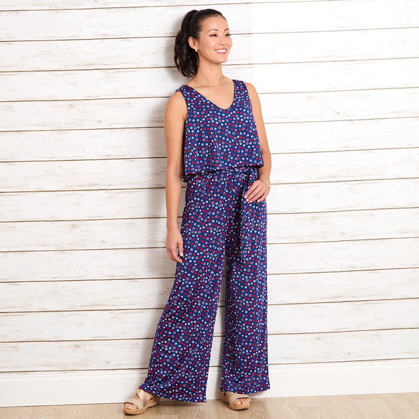 Image of Women's V-Neck Wide Leg Jumpsuit - Red, White, and Blue