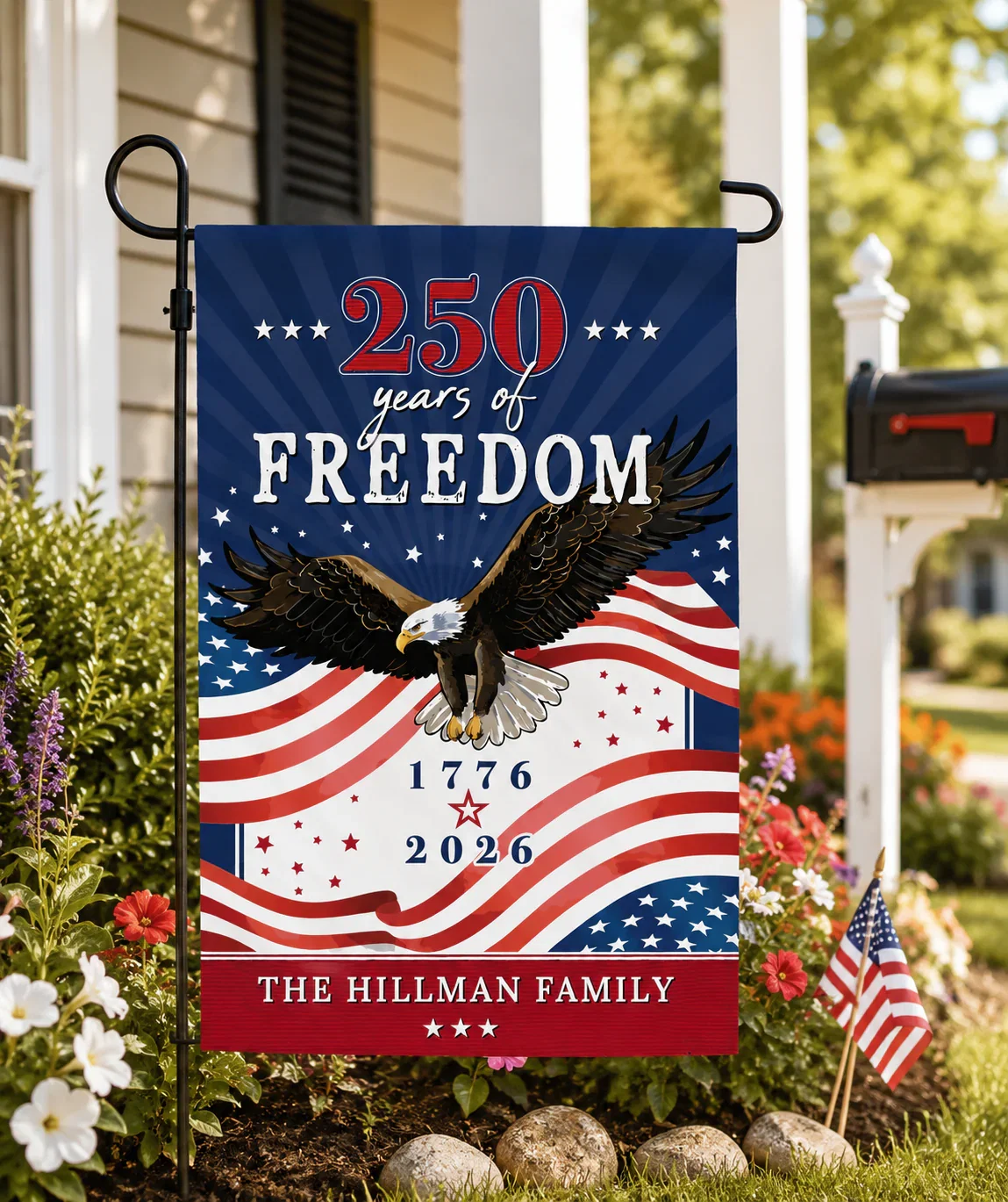 Image of Personalized 250 Years of Freedom with Family Name Garden Flag