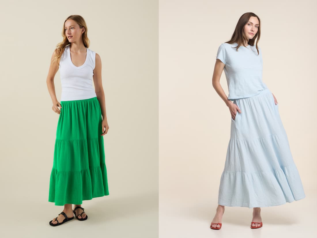 Image shows a model wearing the Danielle Skirt in Shamrock, and Image shows a model wearing the Danielle Skirt in Ice.
