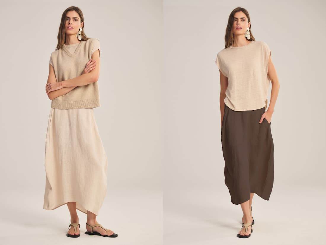 Image shows a model wearing the Fae Skirt in Sandcastle, and image shows a model wearing the Fae Skirt in Willow.