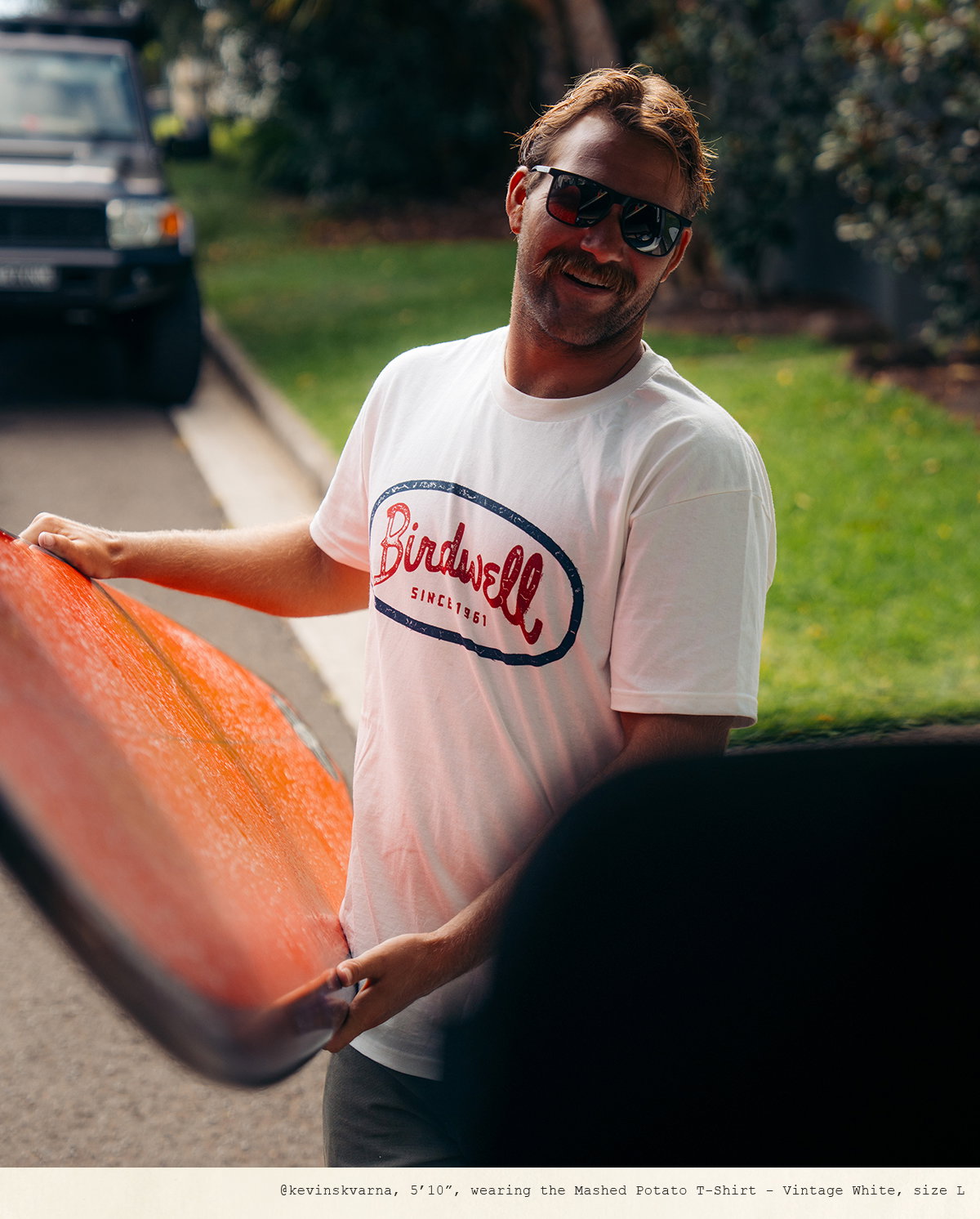 Kevin Skvarna, 5'10", wearing the Mashed Potato T-Shirt - Vintage White, size L