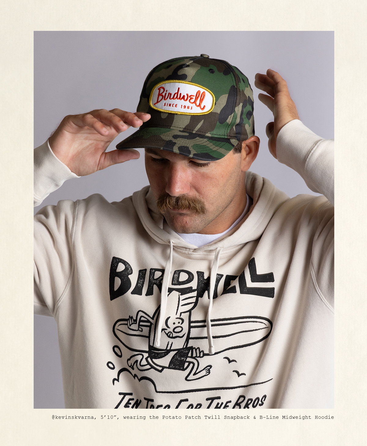 Kevin Skvarna, 5'10", wearing the Potato Patch Twill Snapback & B-Line Midweight Hoodie
