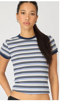 Blue Stripe Short Sleeve Stripe Ribbed T-shirt